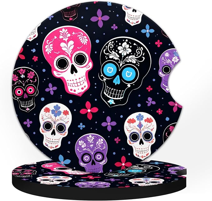 Car Coasters for Cup Holders, 2 Pack 2.56 Inch Neoprene Inserts with Finger Notch, Non-Slip Vehicle Interior Mats, Colorful Sugar Skulls - skull coaster
