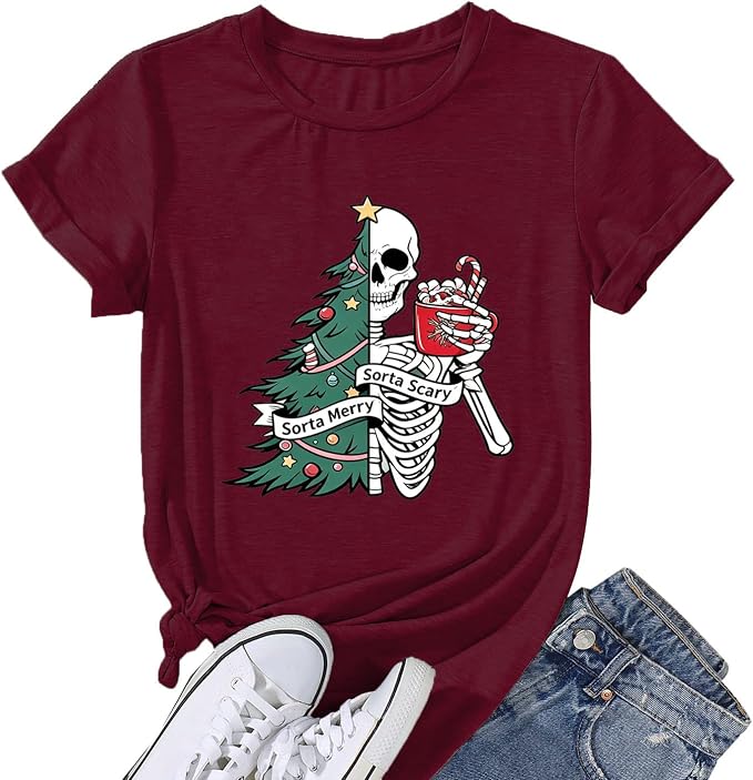 Sorta Merry Scary Funny Christmas Tree Skeleton Graphic Print T-Shirt - skeleton
