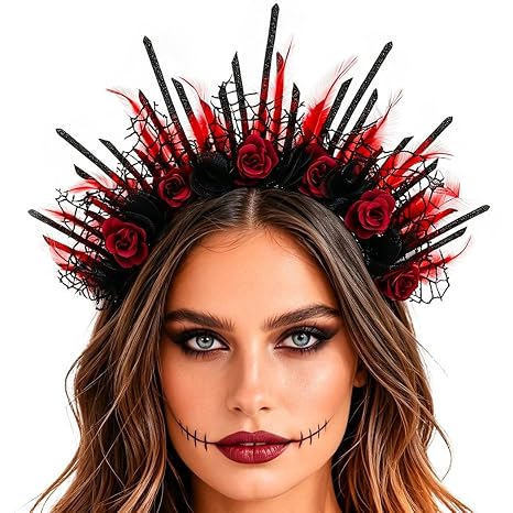 JEAIRTS Red Feather Halloween Headband Gothic Day of The Dead Headpiece - skull headband