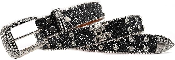 Women's Y2K Rhinestone Studded Belt, Black Glitter Belt with Skull Detail - skull wallet