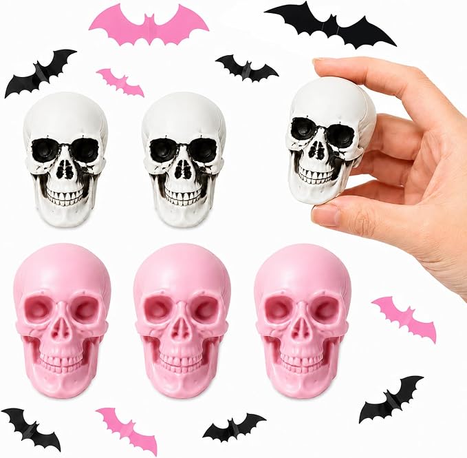 6 PCS Pink White Mini Skulls with 24 Pink Black Bats Halloween Decor - skull wreath
