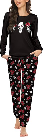 Ekouaer Womens Jogger Pajama Sets Long Sleeve Sleepwear Lounge Sets XS-XXL - skull pajamas