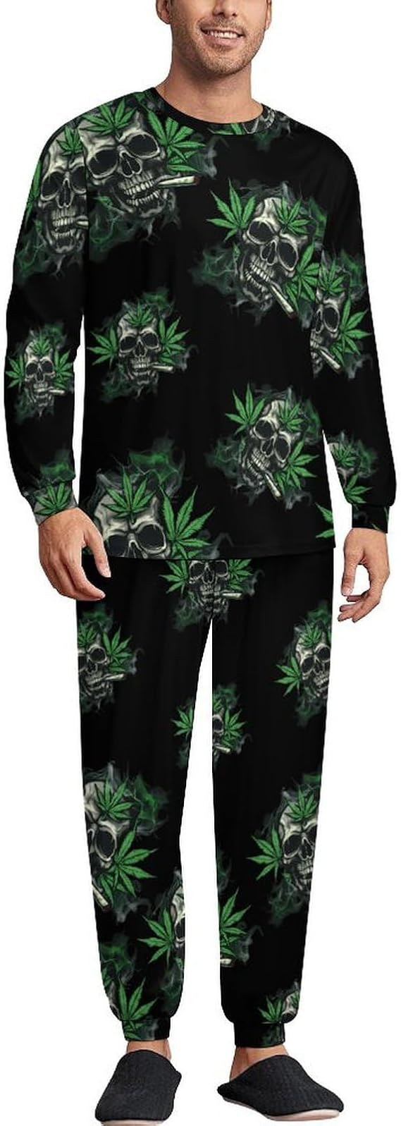 Skull With Weed Leaf Mens Pajamas Set Silk Loungewear Soft Breathable Sleepwear - skull pajamas