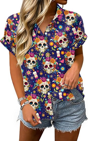 Dia De Los Muertos Shirt Women Button Down Day of The Dead Tshirts - skull tshirt
