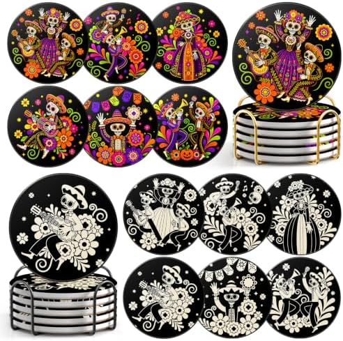 Day of the Dead Coasters Set of 12 with Holder, Sugar Skull Ceramic Stone Absorbent Drink Coasters, Colorful Mexican Folk Art Calavera Table Bar Decor - skull coaster