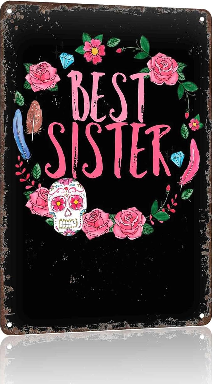 Sugar Skull Floral Wreath Metal Sign 8x12 Inch for Bedroom Wall Decor - skull wreath