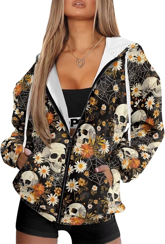 Oversized Sweatshirts for Women Zip Up Hoodies - skull jacket