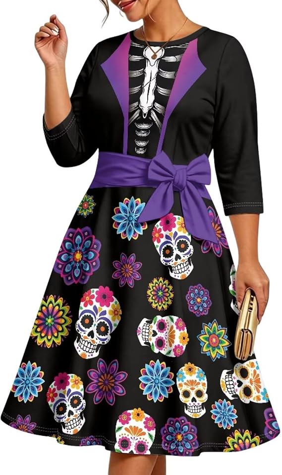 Women's 3/4 Sleeve Midi Dresses Fit and Flare Spring Fall Dresses - sugar skull dress