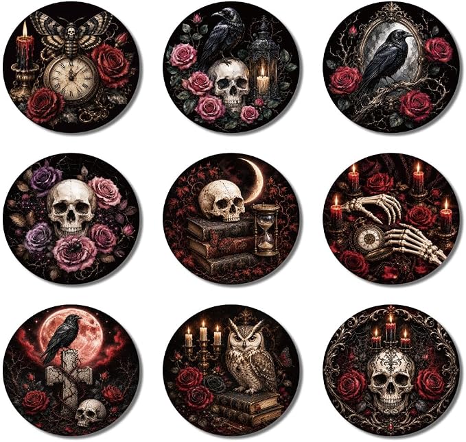 ANATTASOUL Gothic Skull Wooden Coasters Set of 9 Bulk(3.9") - skull coaster
