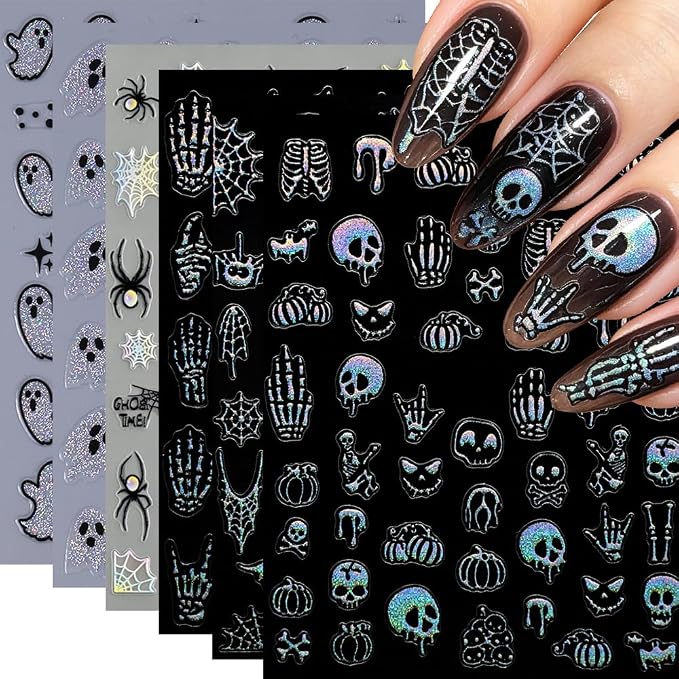 Halloween Nail Stickers for Nail Art 6 Sheets Cute Holographic Glitter Ghost Nail Decals Silver Pumpkin Skull Spider Skeleton Hand Nail Design Manicure Accessories for Halloween Holiday Nail - skull sticker