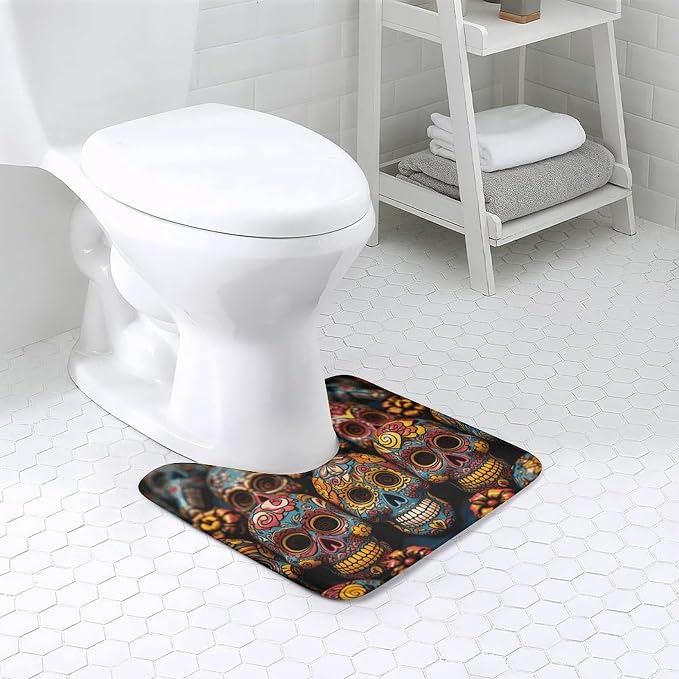 Colorful Sugar Skulls U Shaped Toilet Mats Super Absorbent - skull floor mat