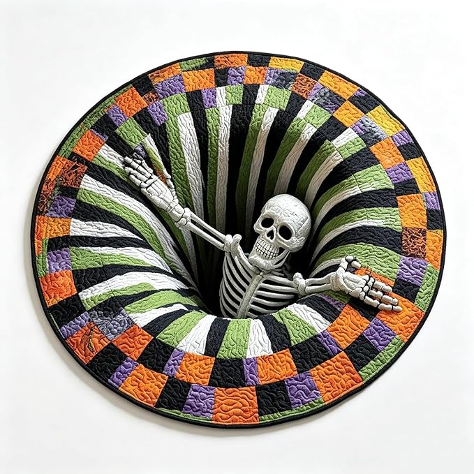 3D Halloween Rug, Skeleton Vortex Round Non-Slip Mat - skull carpet