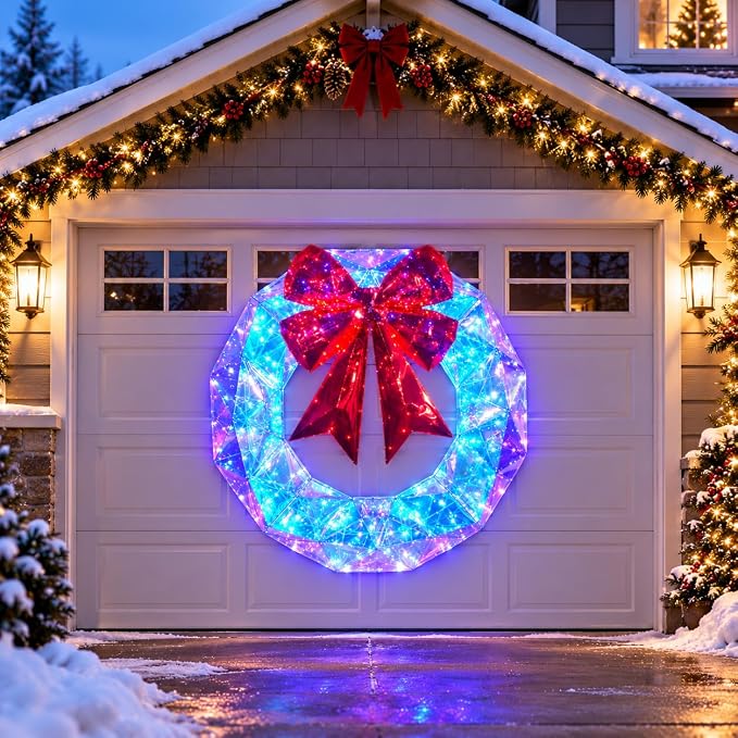 48 Inch Lighted Christmas Wreath Outdoor – 170 LED Prismatic Iridescent Sequin Wreath with Red Bow, Twinkle Light Effect, Waterproof Plug-in | 4ft Large Xmas Wreath for Front Door, Porch, Yard, Wall - skull wreath