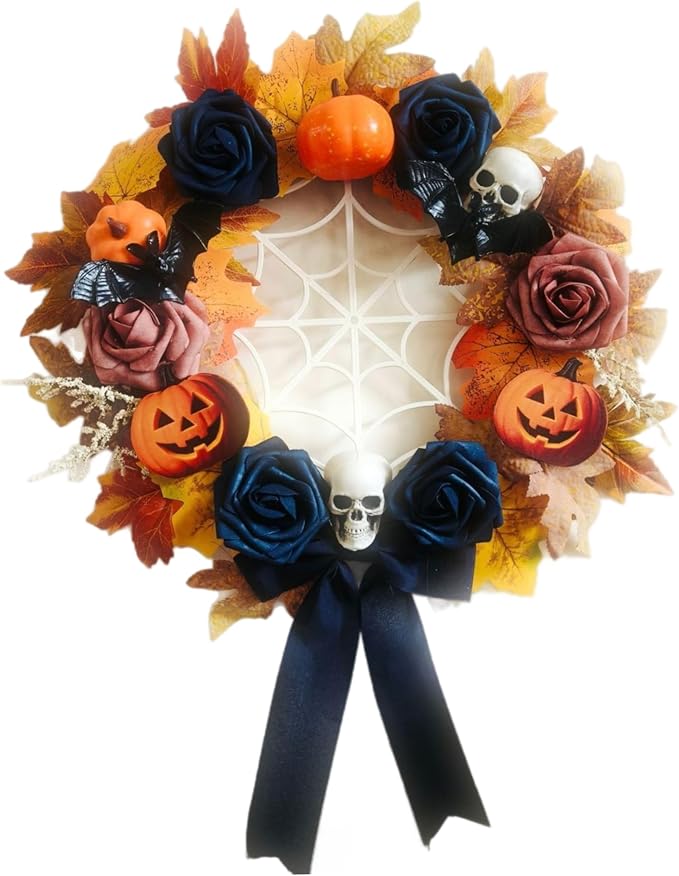 Halloween Door Wreath 15.75" Halloween Wreaths for Front Door Decor Style 1 - skull wreath