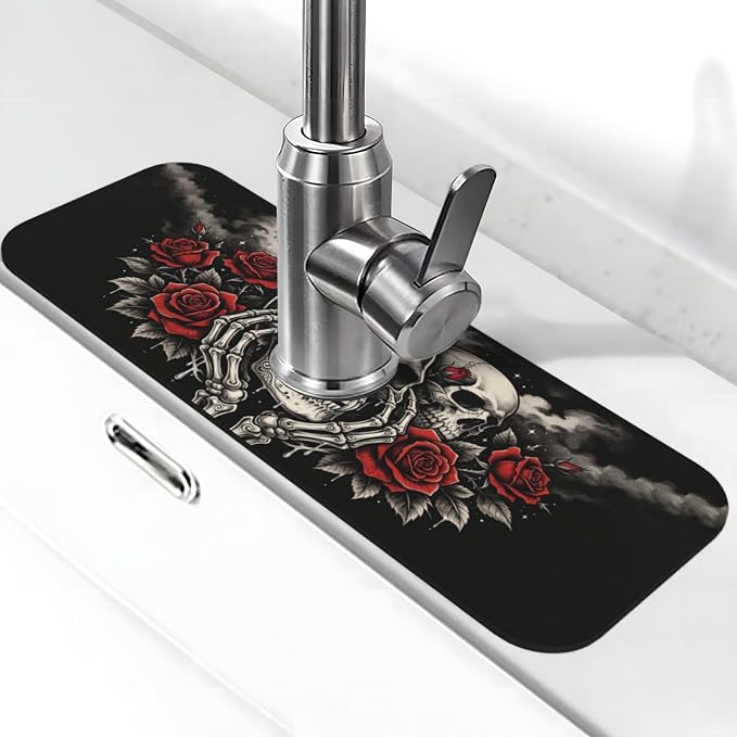 Skull Flower Faucet Mat for Kitchen Sink Absorbent Splash Guard - skull toilet mat
