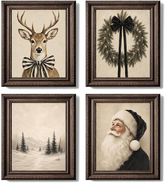 Tlembre Vintage Christmas Wall Art Prints Set of 4,Retro Christmas Decor - skull wall art