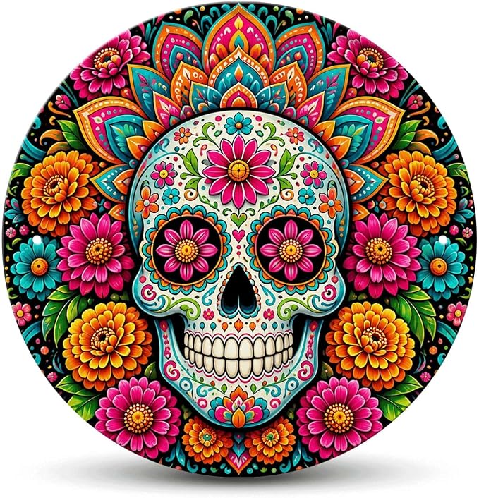 Floral Sugar Skull Round Tin Sign, Mexican Day Of The Dead Wall Decor - skull sticker