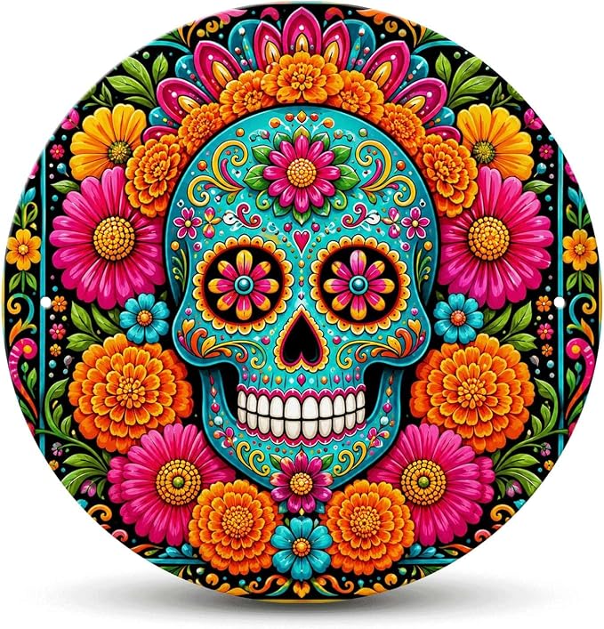 Colorful Sugar Skull Floral Round Tin Sign, Day of the Dead Wall Decor - skull sticker