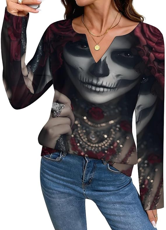 Mexican Sugar Skull Woman Womens Long Sleeve T Shirts Small - skull tshirt