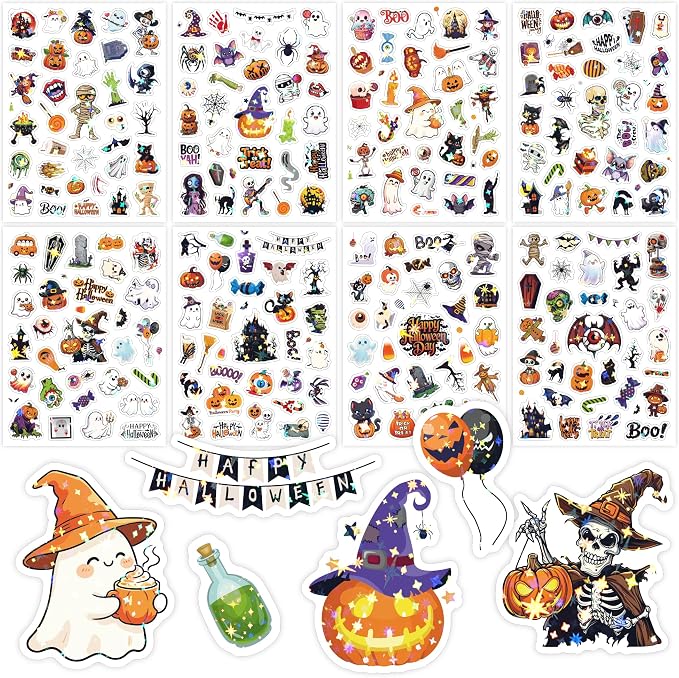 FUNCLASS 8 Sheets Holographic Halloween Stickers for Kids, Vinyl Stickers - skull sticker