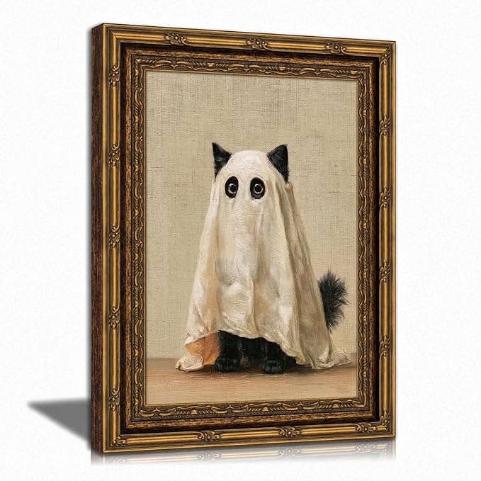 Framed Cute Ghost Wall Art Decor Halloween Cat Canvas Wall Art 8×10 Inch - skull painting