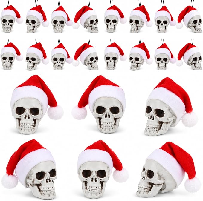 24 Pcs Christmas Skull Tree Decor Santa Hat Skeleton Heads, 2.4 Inch - skeleton