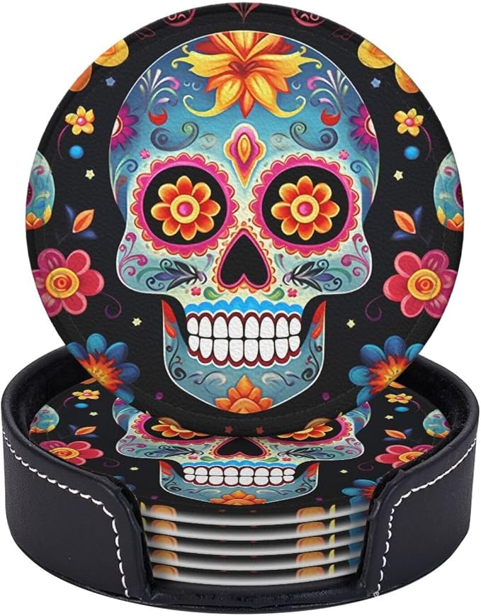6 Pcs Coasters for Drinks with Holder,Cup Mats Set for Tabletop Protection - skull coaster