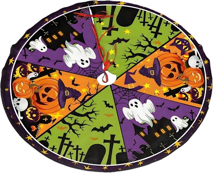 Pumpkins Ghosts Skulls Spider Cat Hat Christmas Tree Skirt 48" - skull carpet