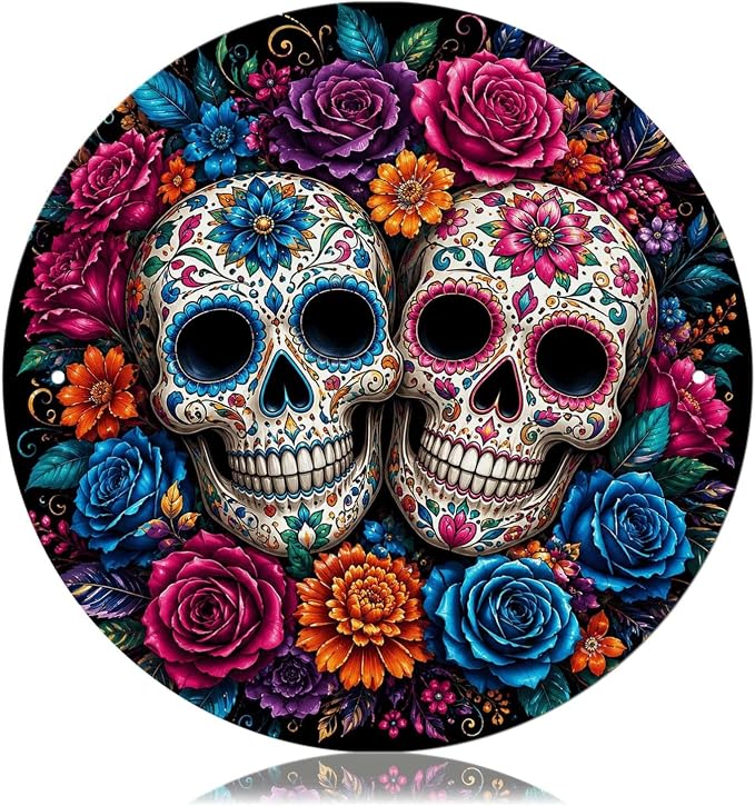 Colorful Sugar Skull Floral Round Tin Sign, Day of the Dead Wall Decor - skull sticker