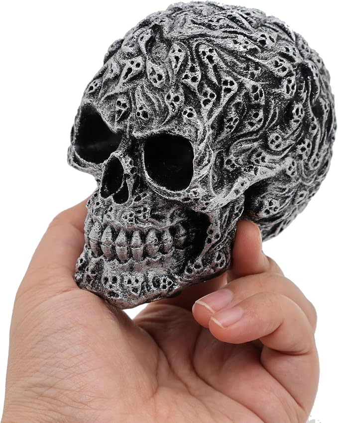Halloween Skull Statue, Resin Skull Figurine Covered with Tiny Mini Skulls, Gothic Tabletop Home Ornament - skull figurine