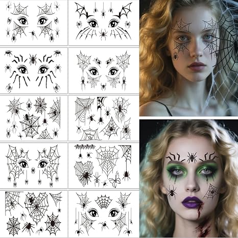 10 Sheets Halloween Spider Web Bat Temporary Tattoo Stickers, Gothic Horror Face Makeup Accessories for Cosplay Outfits, Masquerade, Day of the Dead, Rave Party, Carnival & Themed Party Decor - skull sticker
