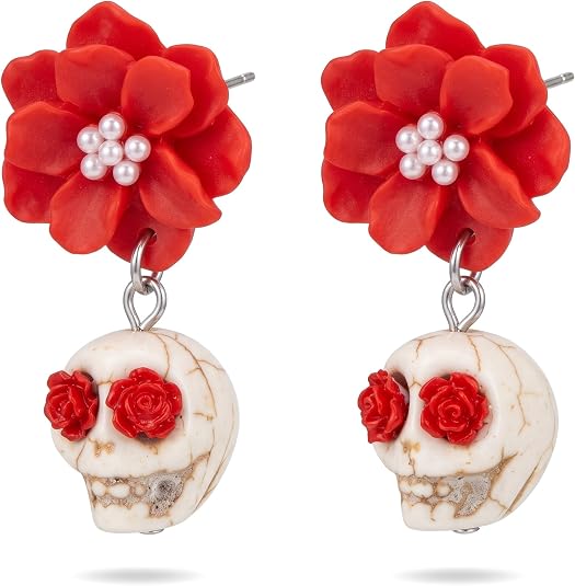 Gothic Skull Dangle Earrings for Women, Flower Skeleton Drop Earrings - sugar skull costume