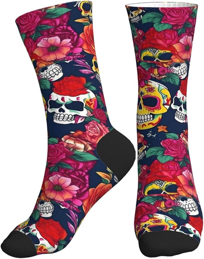 Sugar And Skulls And Flowers Print Womens/Men Crew Slouch Cozy Mid Calf Tube Slouchy Novelty Socks, For Casual & Athletic Wear - sugar skull costume