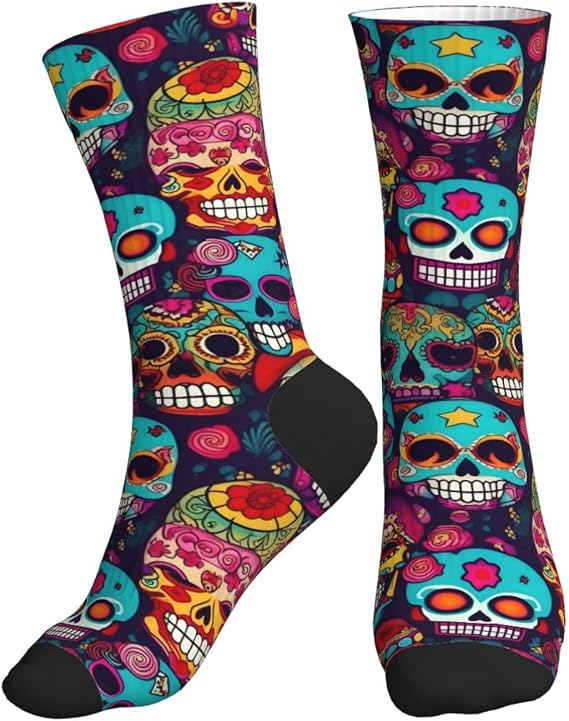 Sugar Skulls Print Womens/Men Crew Slouch Cozy Mid Calf Tube Slouchy Novelty Socks, For Casual & Athletic Wear - sugar skull costume