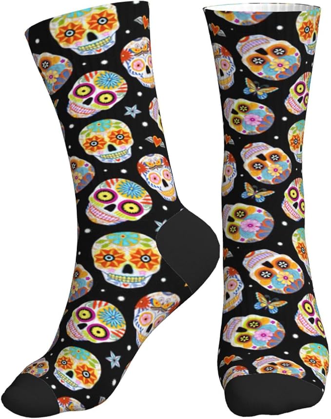 Sugar Skulls Butterfly Print Womens/Men Crew Slouch Cozy Mid Calf Tube Slouchy Novelty Socks, For Casual & Athletic Wear - sugar skull costume
