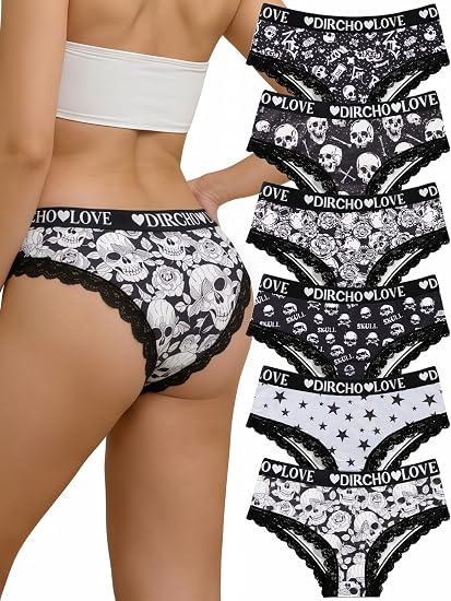 Dircho Women's 6 Pack Skulls Spooky Print Hipsters Panties with Lace Trims - skull swimsuit
