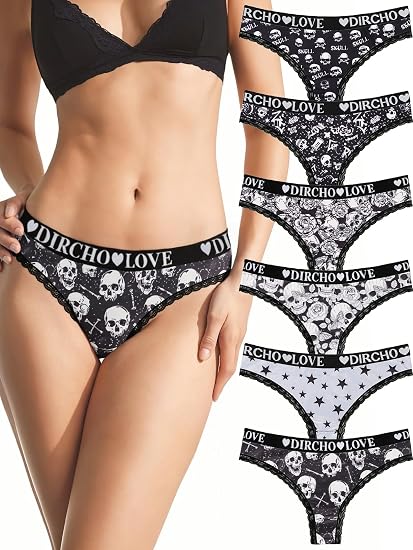 Dircho Women's 6pcs Jacquard Waistband Gothic Skull Print Lace Trims Thongs - skull swimsuit