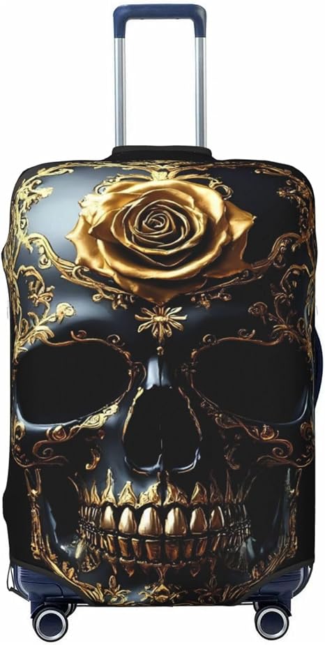 Luggage Covers Suitcase Travel Baggage Covers-Gold Pattern Black Skull - skull suitcase