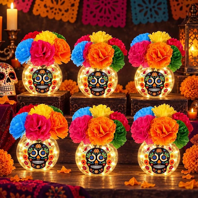 90 Pcs Day of the Dead Centerpieces, Marigold Flower Vase Set - string light