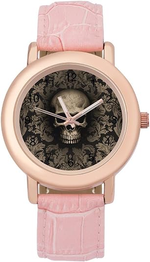 Cute Pink Leather Strap Watch for Women, Fashion Analog Wristwatch - skull watch