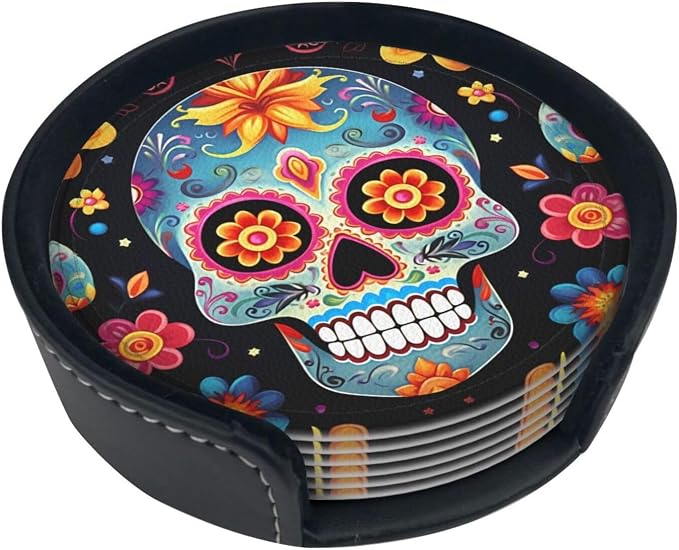 Leather Drink Coasters Set of 6, Waterproof Table Mats with Holder - skull coaster