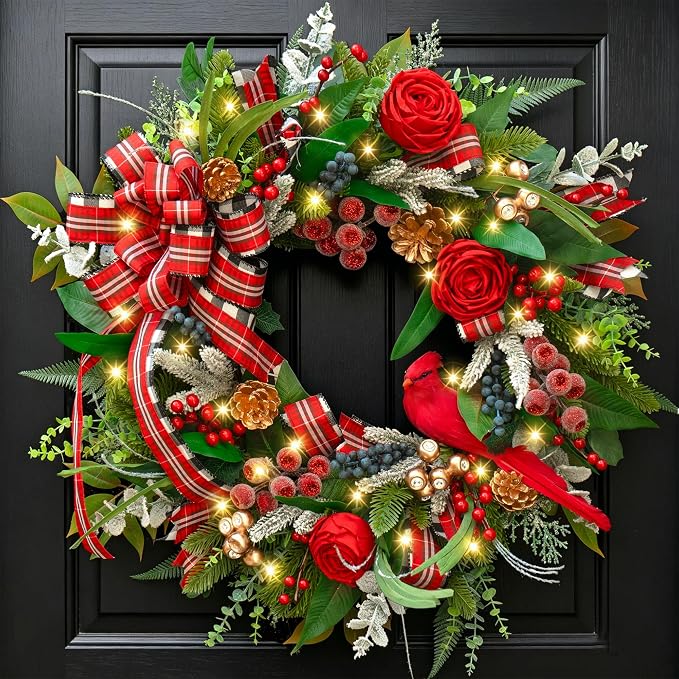 24 Inch Christmas Wreath for Front Door, Red Bird Decor with Lights - skull wreath