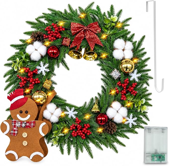 Norfolk Pine Wreath with LED Timer, 20" Christmas Wreath for Front Door - skull wreath
