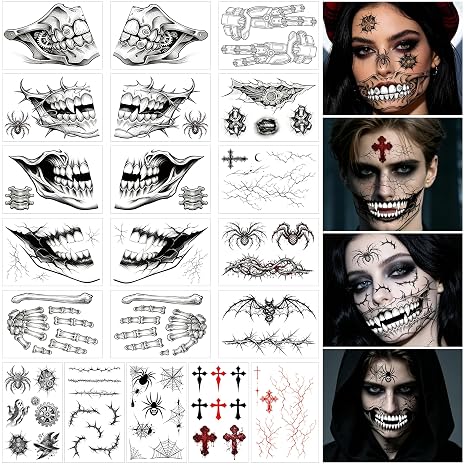 20 Sheets Skeleton Face Tattoo,Halloween Scary Mouth Tattoo - skull sticker