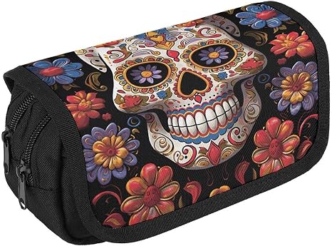 Sugar Skulls Double Layer Pencil Case for Office Supplies - skull sticker