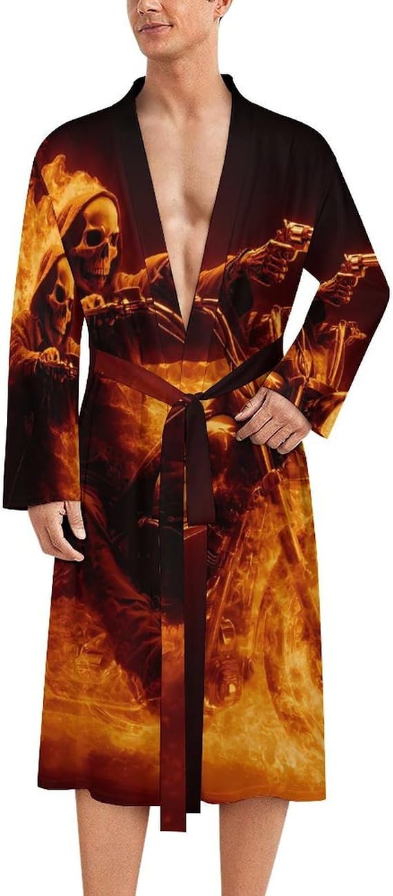 Skull Riding Motorcycle Mens Robe Soft Loungewear Bathrobe 2XL - skull pajamas