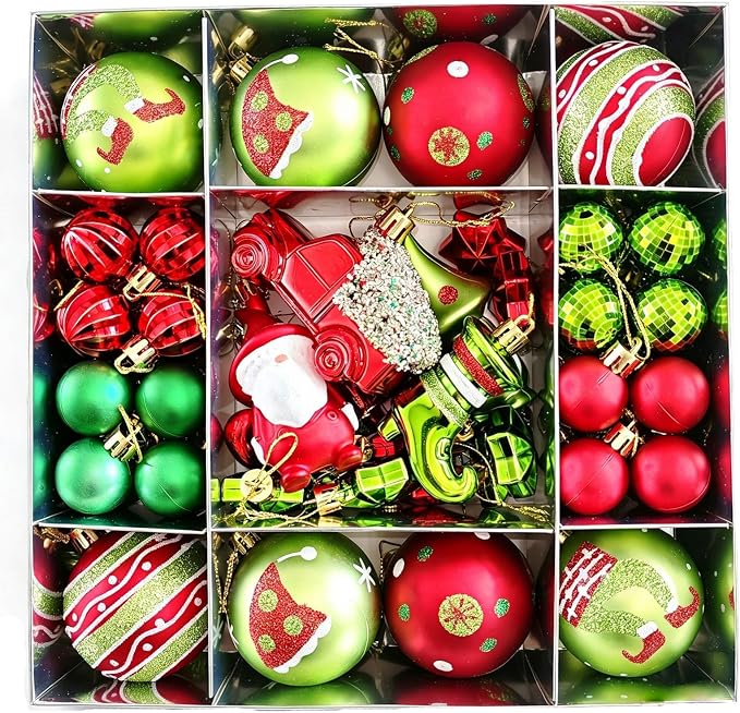 57 Pcs Christmas & Xmas Tree Ornaments Set, Shatterproof Red Green Nordic Gnome Elf Hanging Baubles, Assorted Holiday Decorations for Home Mantel Wreath Party - skull wreath