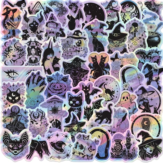 Holographic Halloween Stickers, 50 PCS Party Favors, Holiday Decoration - skull sticker