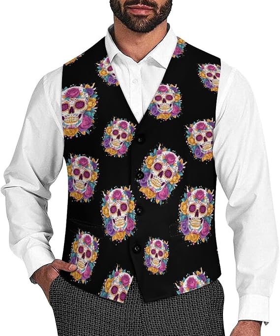 Sugar Skull with Flowers Men's Casual Suit Vest 5XL - sugar skull dress