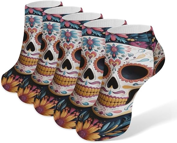 5 Pairs Socks, No Show, Casual Breathable, Sugar Skull - sugar skull costume